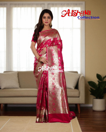 Aishani Collection Woven Pure Katan Silk Banarasi Wedding Saree for Women with Blouse Piece (Dark Pink)