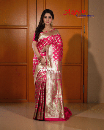 Banarasi Silk Fancy Wedding Saree with Blouse Piece – Aishani Collection (Dark Pink)