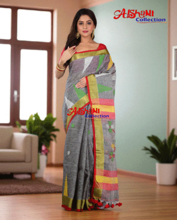 Aishani Collection Pure Lilen Jamdani Handloom Saree – Woven Elegance with Timeless Craftsmanship (Grey, Multicolor)