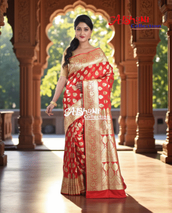 Aishani Collection Woven Pure Katan Silk Banarasi Wedding Saree for Women with Blouse Piece (Red & Gold)