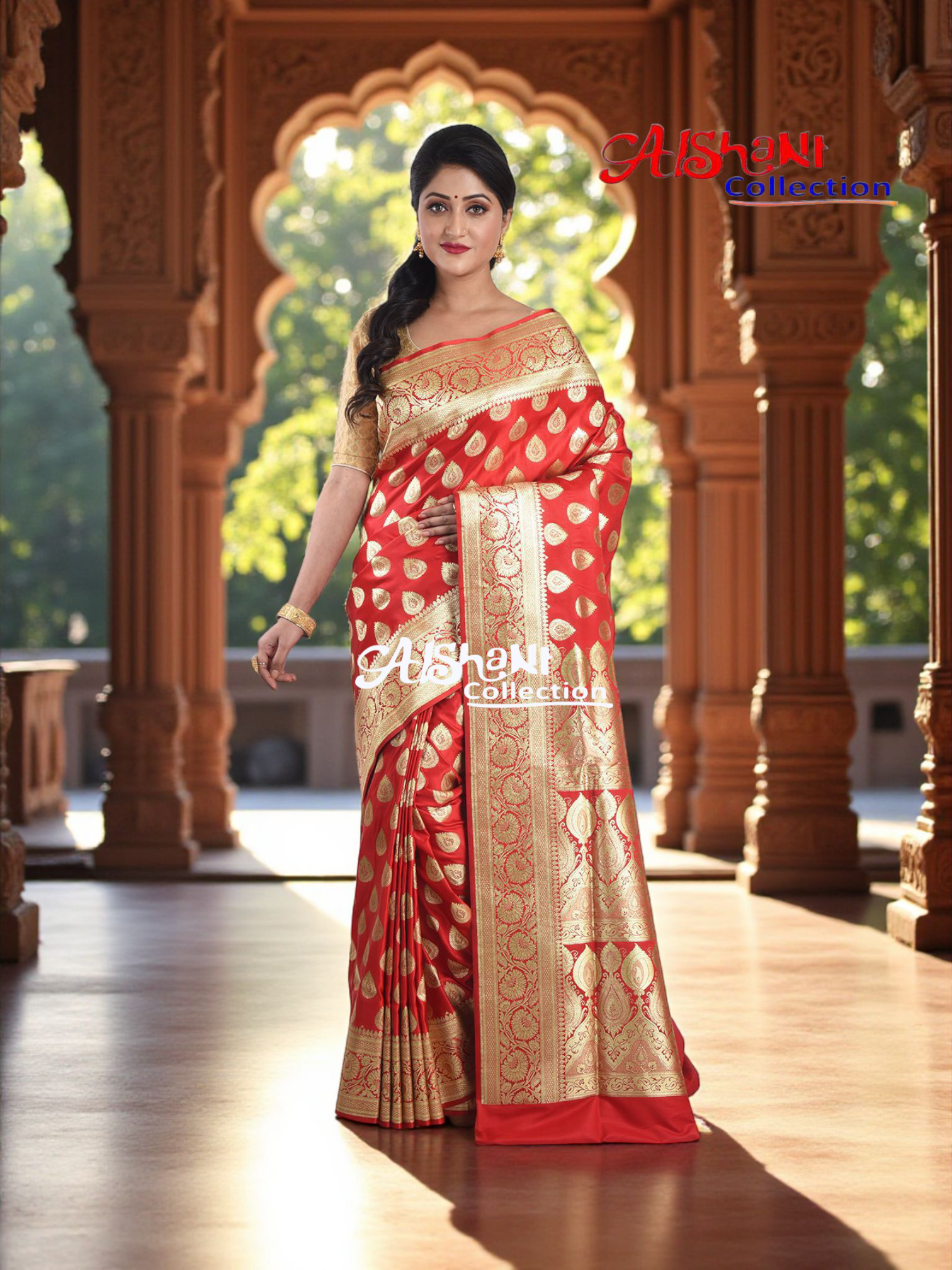 Aishani Collection Woven Pure Katan Silk Banarasi Wedding Saree for Women with Blouse Piece (Red & Gold)