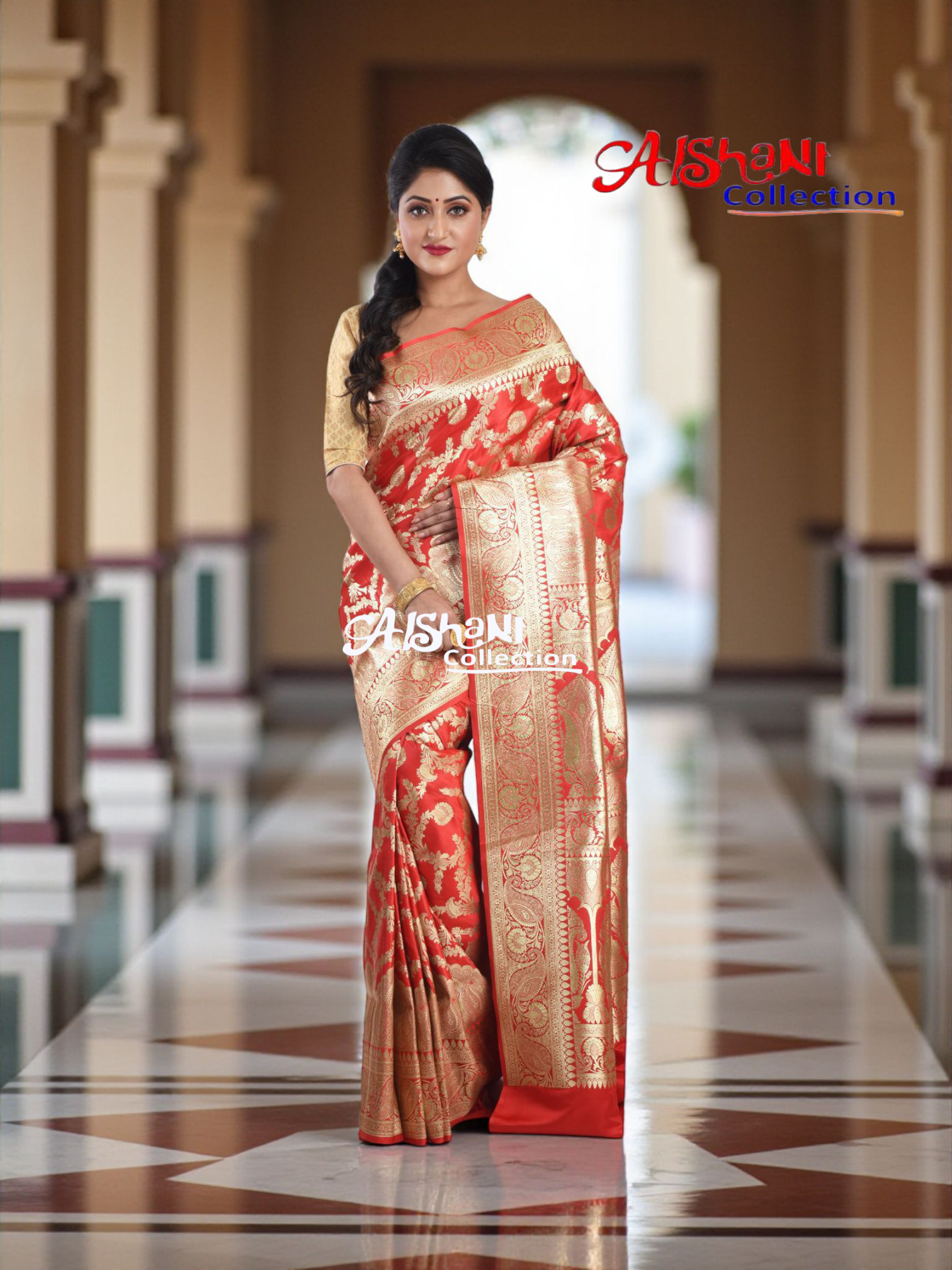 Aishani Collection Woven Pure Katan Silk Banarasi Wedding Saree for Women with Blouse Piece (Red & Gold)