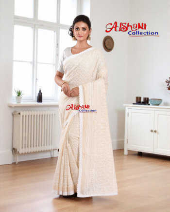 🌸 Elegant Sequins Work Chikankari Hakoba Cotton Saree with Lace Border & Blouse Piece – Party, Festive & Casual Wear| Aishani Collection