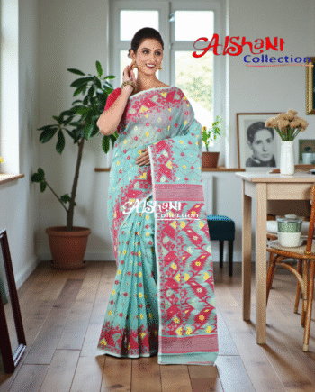 Woven Cotton Silk Dhakai Jamdani Saree Without Blouse Piece | Thread Work Geometric Motif | Lightweight Traditional Saree (Blue & Red)