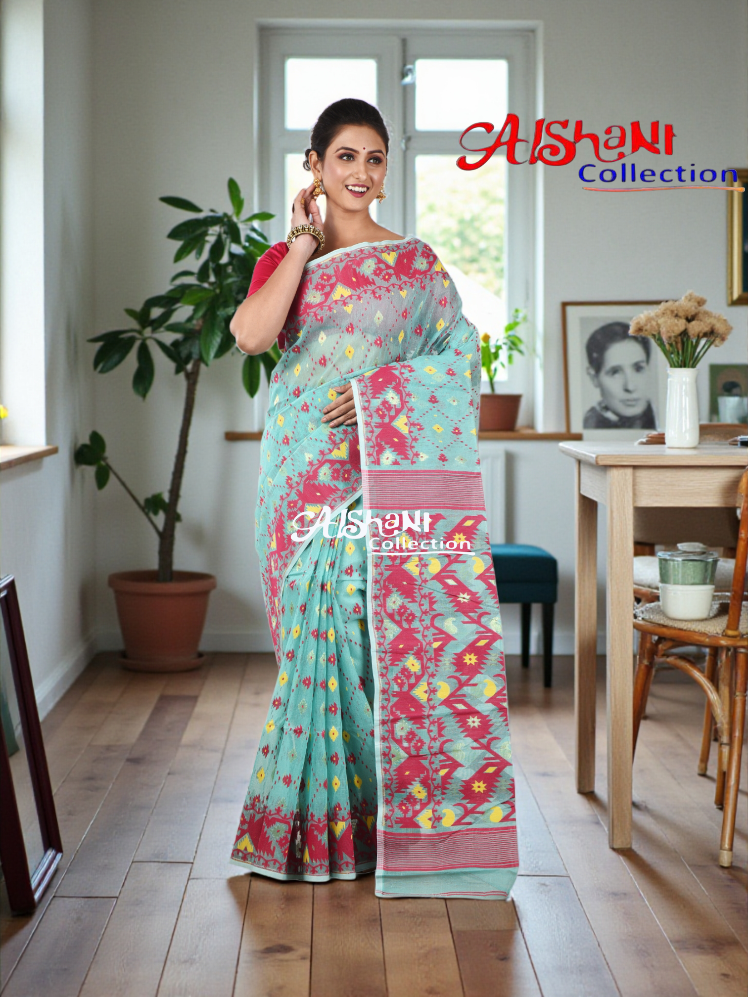 Woven Cotton Silk Dhakai Jamdani Saree Without Blouse Piece | Thread Work Geometric Motif | Lightweight Traditional Saree (Blue & Red)