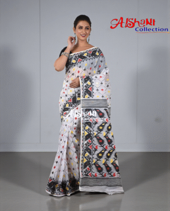 Woven Cotton Silk Dhakai Jamdani Saree Without Blouse Piece | Thread Work Geometric Motif | Lightweight Traditional Saree (Black & White)