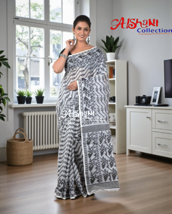 Woven Cotton Silk Dhakai Jamdani Saree Without Blouse Piece | Thread Work Karat Motif | Lightweight Traditional Saree (Black & White)