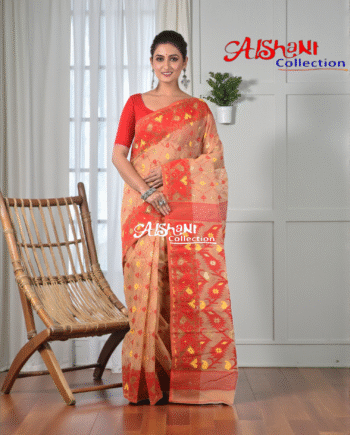 Woven Cotton Silk Dhakai Jamdani Saree Without Blouse Piece | Thread Work Geometric Motif | Lightweight Traditional Saree (Beige & Red)