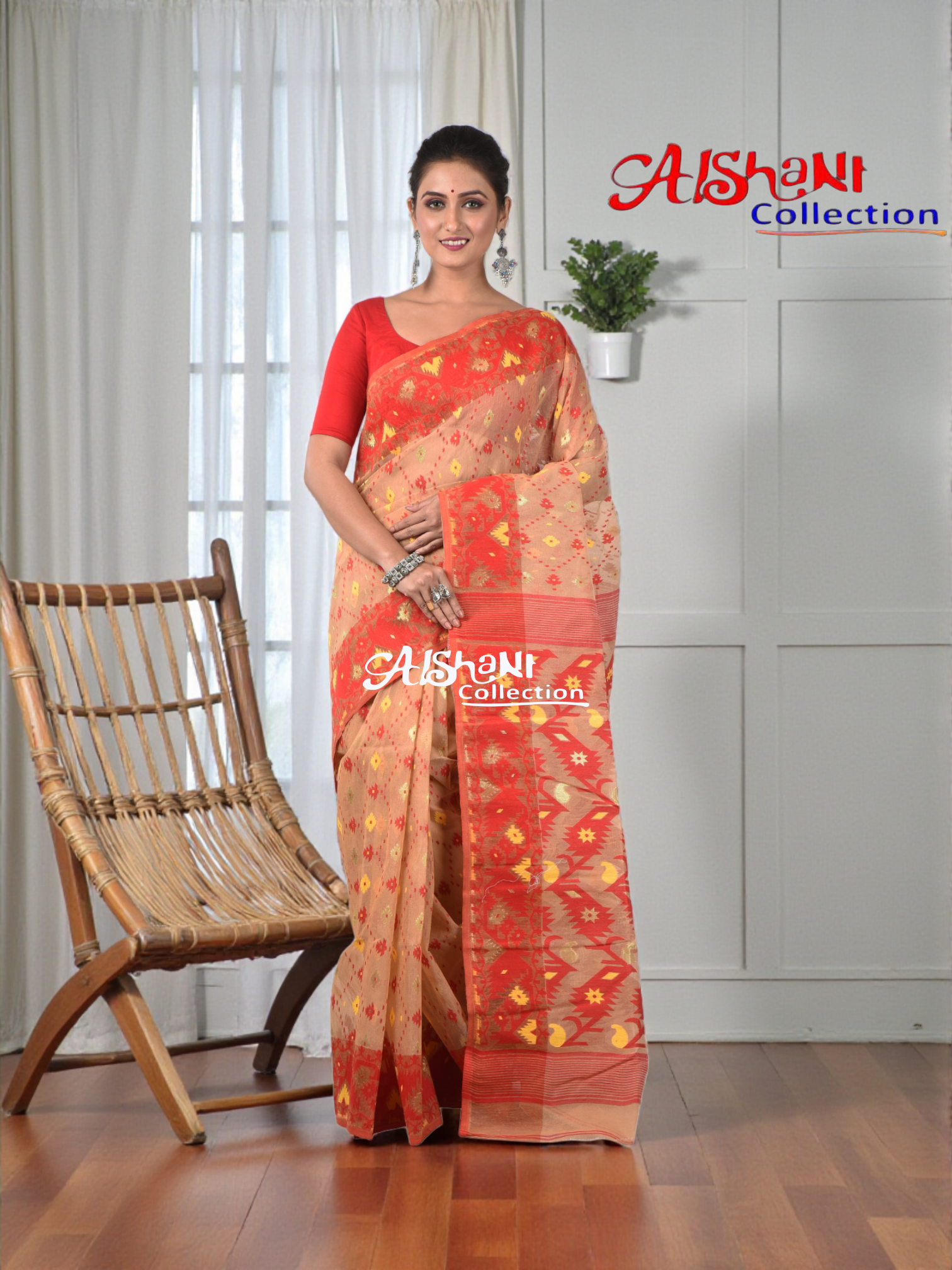 Woven Cotton Silk Dhakai Jamdani Saree Without Blouse Piece | Thread Work Geometric Motif | Lightweight Traditional Saree (Beige & Red)