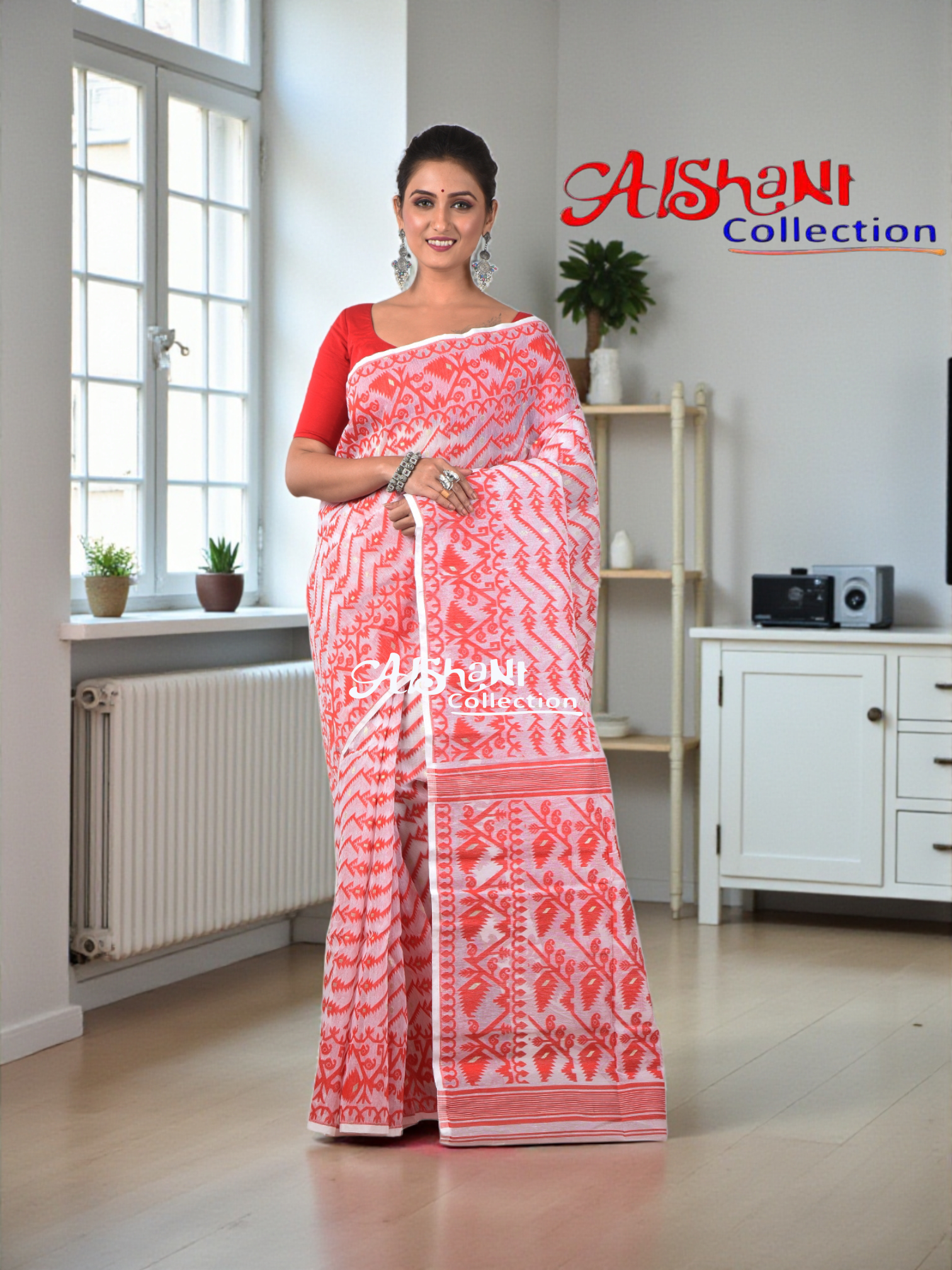 Woven Cotton Silk Dhakai Jamdani Saree Without Blouse Piece | Thread Work Karat Motif | Lightweight Traditional Saree (Red & White)