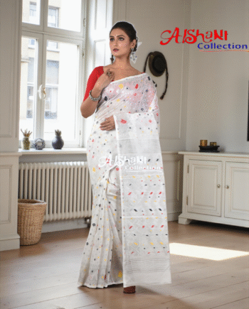 Woven Cotton Silk Dhakai Jamdani Saree Without Blouse Piece | Zari Work | Lightweight Traditional Saree| (Cream & Red) (Copy)