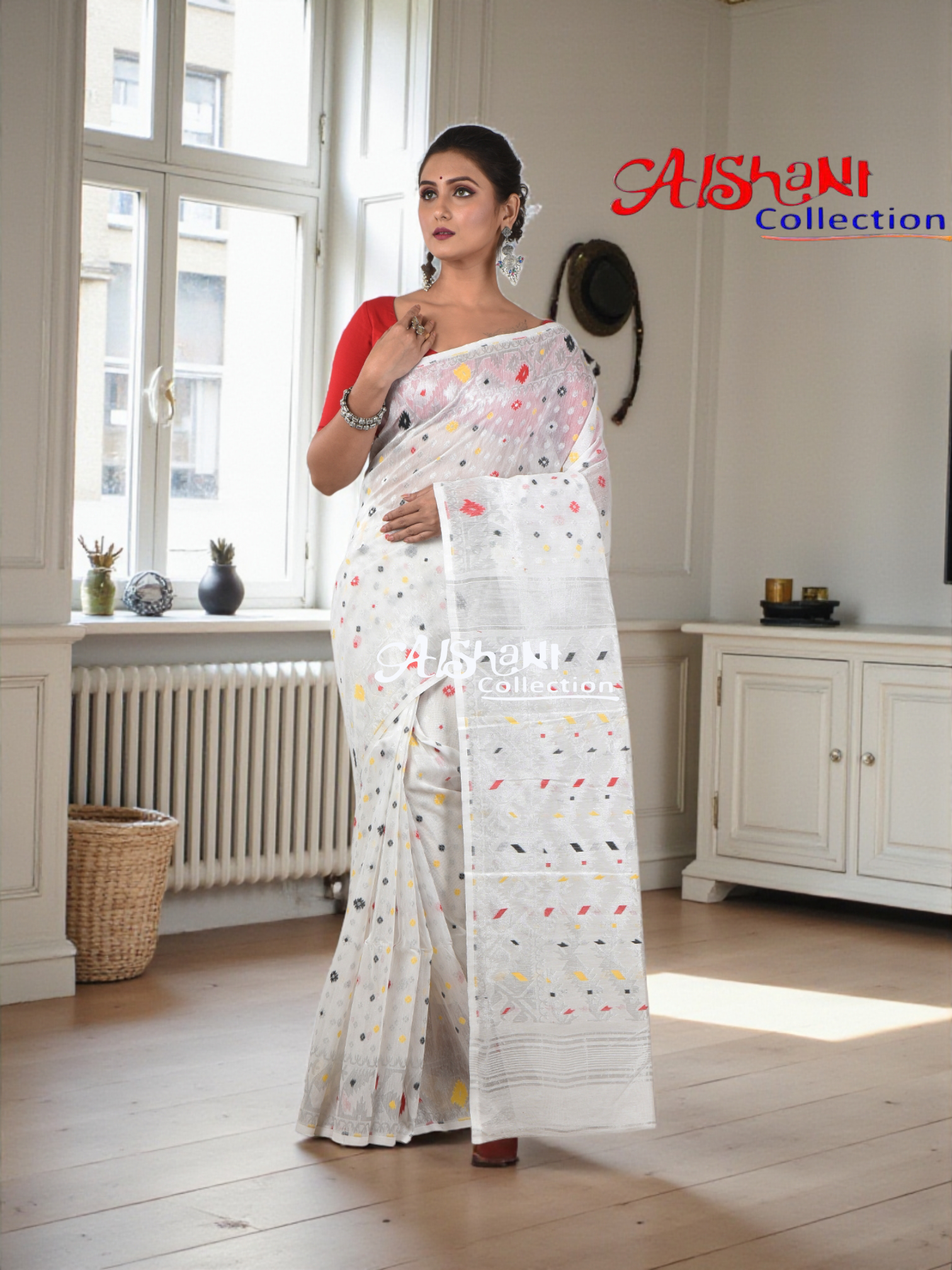 Woven Cotton Silk Dhakai Jamdani Saree Without Blouse Piece | Zari Work | Lightweight Traditional Saree| (Cream & Red) (Copy)