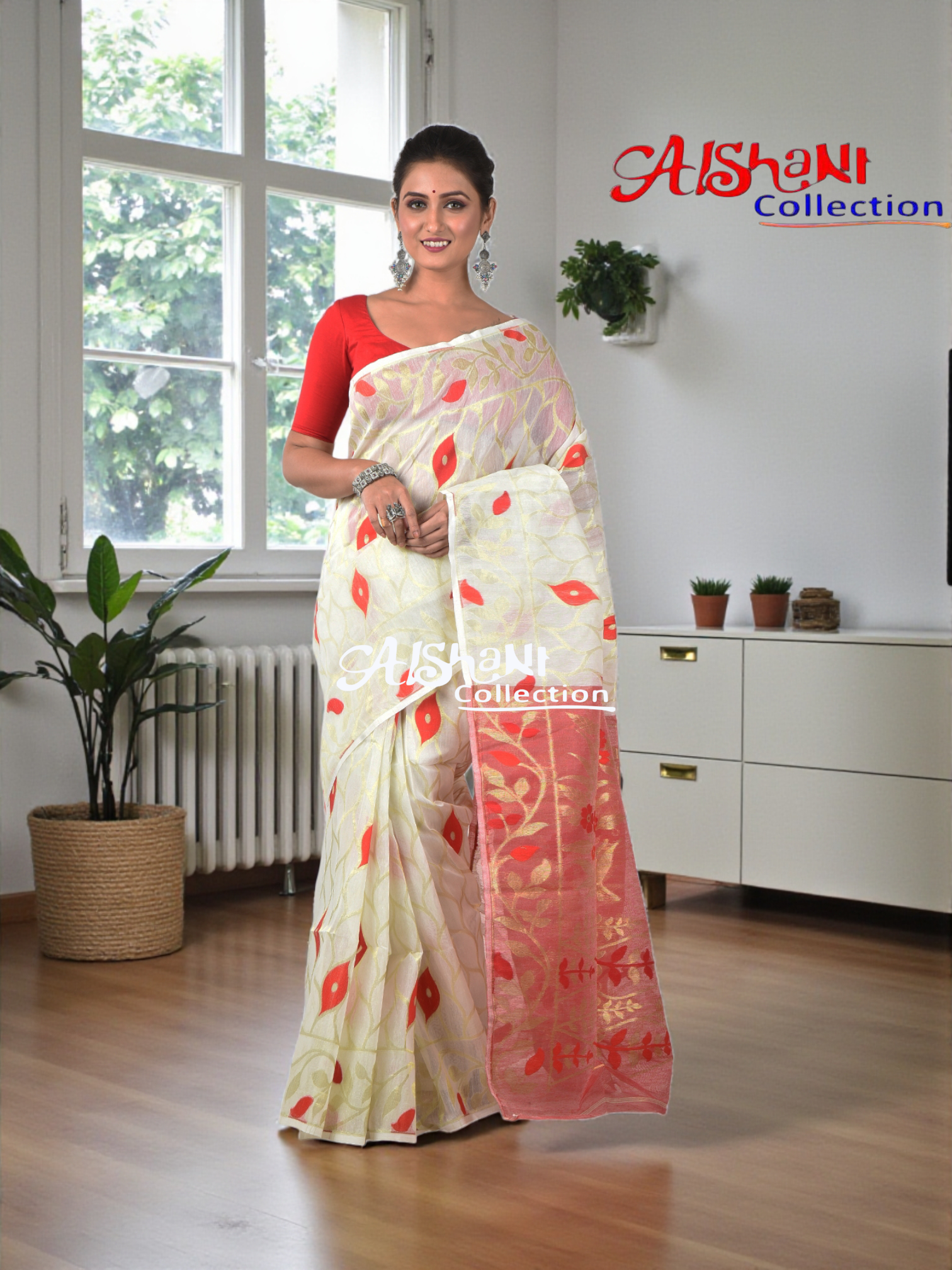 Woven Cotton Silk Dhakai Jamdani Saree Without Blouse Piece | Zari Work | Lightweight Traditional Saree| (Cream & Red)