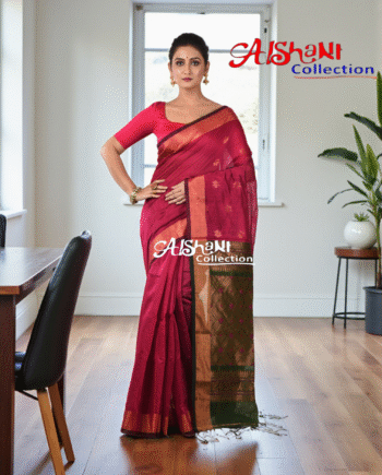 ✨ Cotton Silk Handloom Saree with Copper Zari Border & Pallu – Lightweight, Woven, Traditional Elegance with Blouse Piece ✨(Dark Pink)