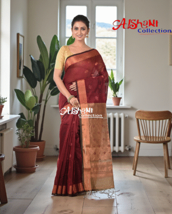 ✨ Cotton Silk Handloom Saree with Copper Zari Border & Pallu – Lightweight, Woven, Traditional Elegance with Blouse Piece ✨(Maroon)
