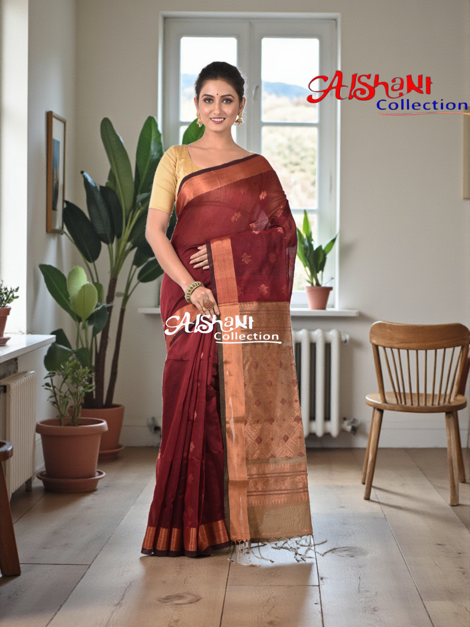 ✨ Cotton Silk Handloom Saree with Copper Zari Border & Pallu – Lightweight, Woven, Traditional Elegance with Blouse Piece ✨(Maroon)