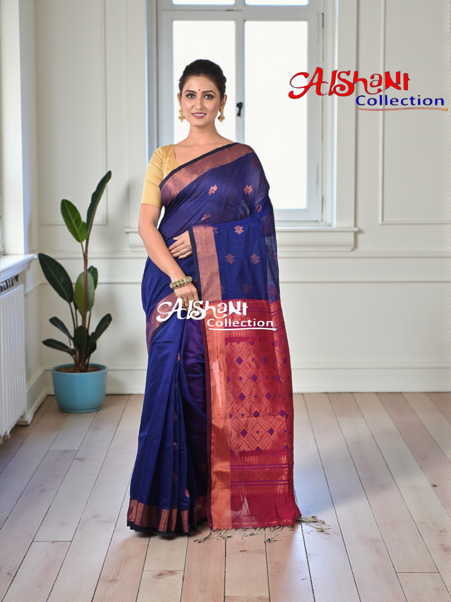 ✨ Cotton Silk Handloom Saree with Copper Zari Border & Pallu – Lightweight, Woven, Traditional Elegance with Blouse Piece ✨(Blue)