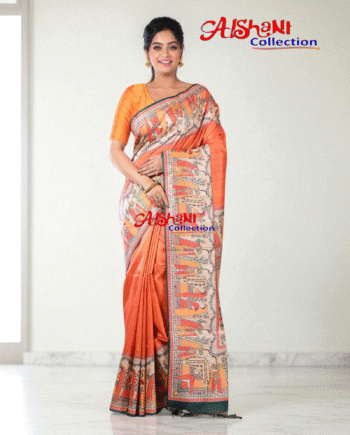 Madhubani Print Tussar Gicha Silk Saree with Blouse Piece | Lightweight Casual & Partywear | Artistic Folk Art Silk Saree (Orange & Multicolor)