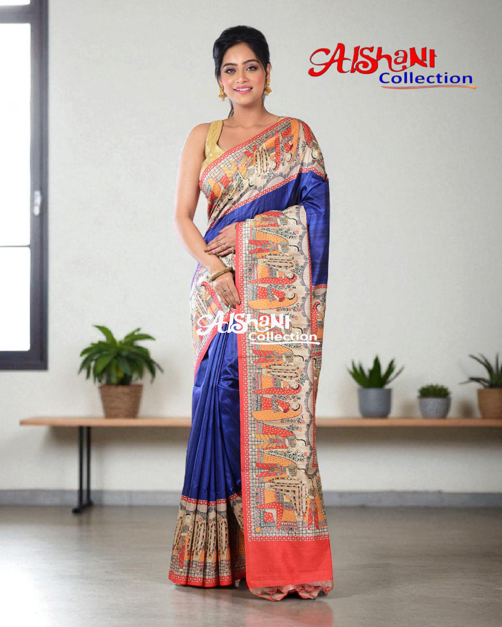 Madhubani Print Tussar Gicha Silk Saree with Blouse Piece | Lightweight Casual & Partywear | Artistic Folk Art Silk Saree (Blue & Multicolor)