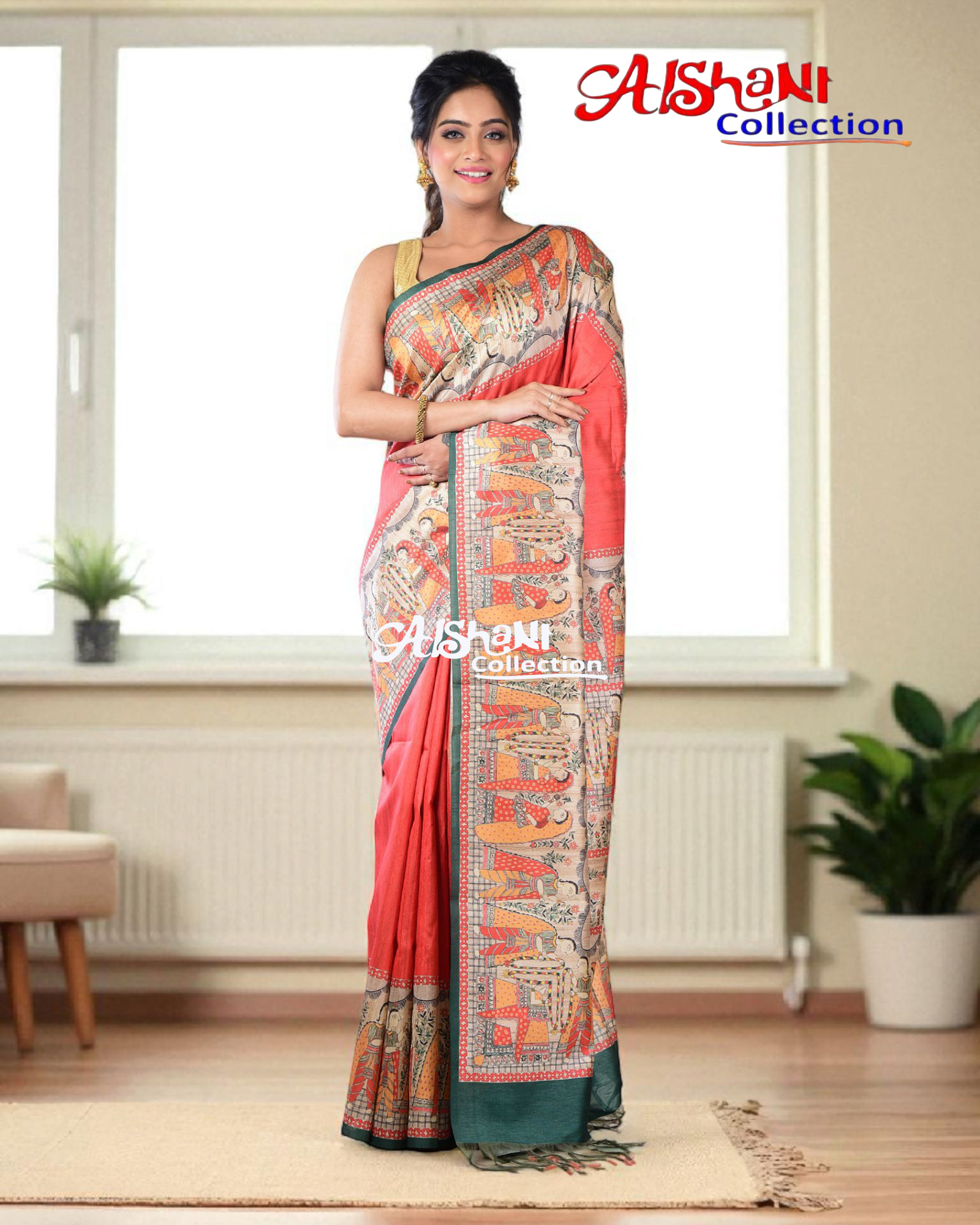 Madhubani Print Tussar Gicha Silk Saree with Blouse Piece | Lightweight Casual & Partywear | Artistic Folk Art Silk Saree (Red & Multicolor)