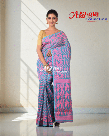 Woven Cotton Silk Dhakai Jamdani Saree Without Blouse Piece | Thread Work Bird Motif | Lightweight Traditional Saree (Blue)