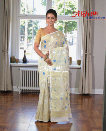 Woven Cotton Silk Dhakai Jamdani Saree Without Blouse Piece | Zari Work Bird Motif | Lightweight Traditional Saree (White)