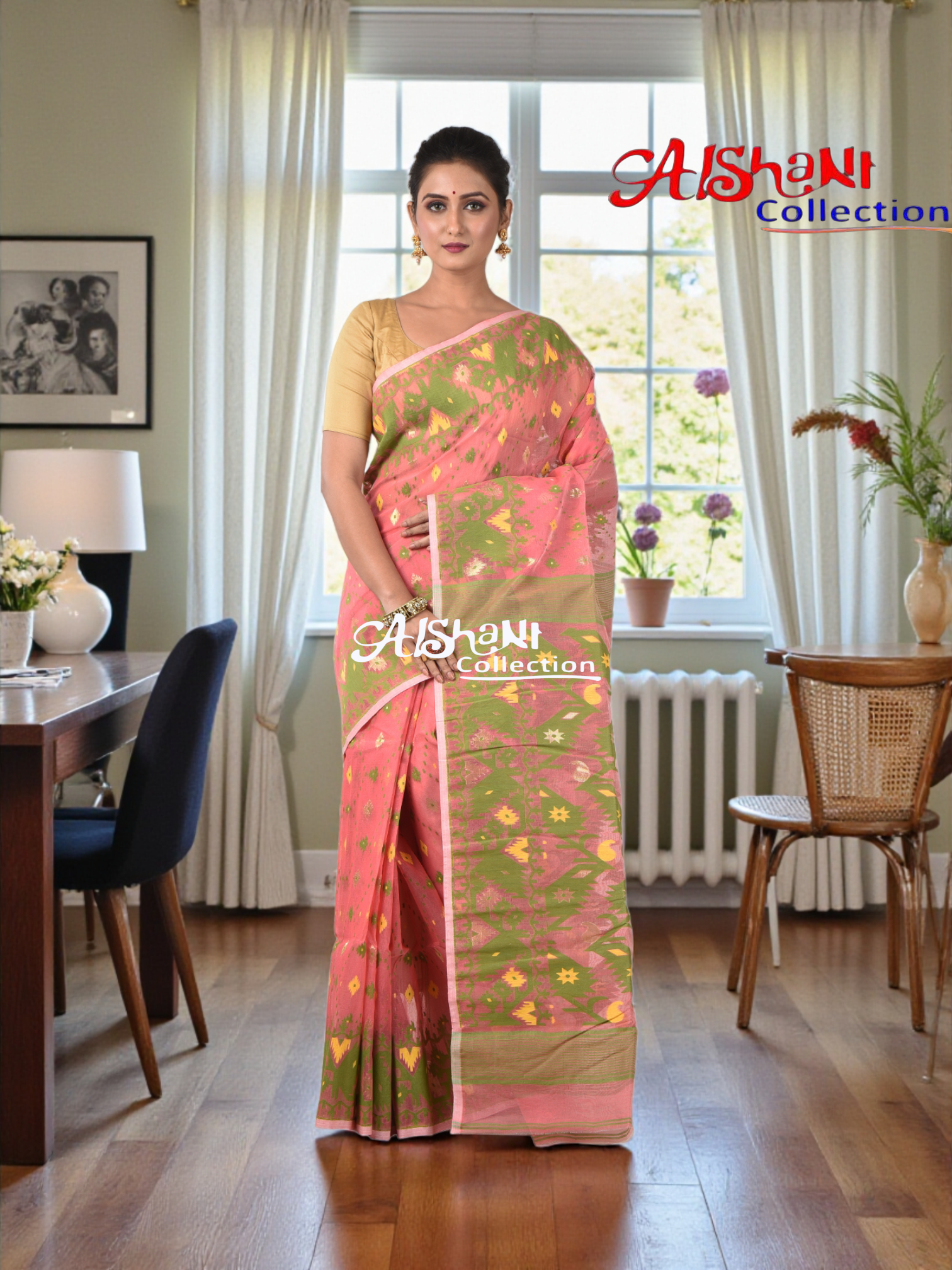 Woven Cotton Silk Dhakai Jamdani Saree Without Blouse Piece | Thread Work Geometric Motif | Lightweight Traditional Saree (Peach)