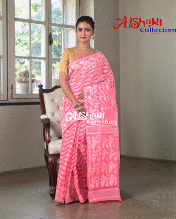 Woven Cotton Silk Dhakai Jamdani Saree Without Blouse Piece | Thread Work Bird Motif | Lightweight Traditional Saree (Pink)