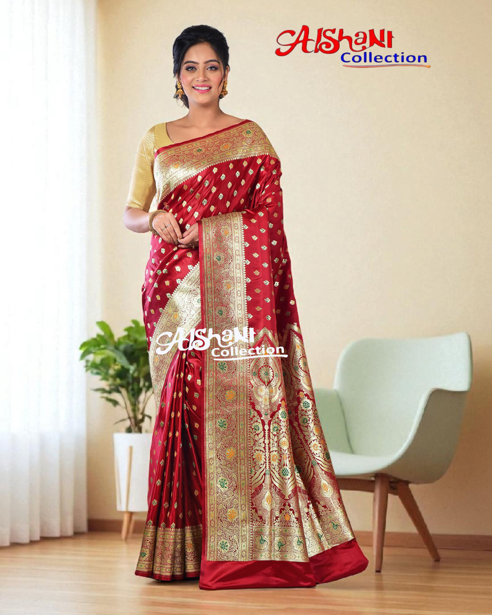 Pure Katan Silk Banarasi Minakari Saree with Blouse Piece | Heavy Golden/Silver Zari Work | Bridal Wedding Saree | Festive & Partywear | Aishani Collection