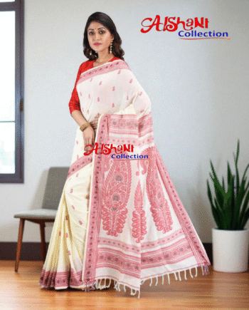 Woven Mercerised Cotton Baluchari Saree with Multicolor Thread Work & Blouse | Traditional Handloom Festive Saree (White, Red)