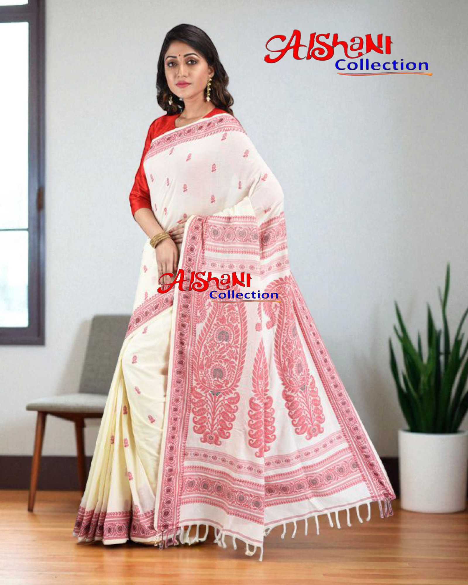 Woven Mercerised Cotton Baluchari Saree with Multicolor Thread Work & Blouse | Traditional Handloom Festive Saree (White, Red)