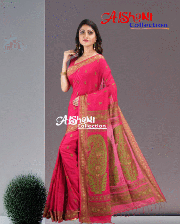 Woven Mercerised Cotton Baluchari Saree with Multicolor Thread Work & Blouse | Traditional Handloom Festive Saree (Pink, Green)