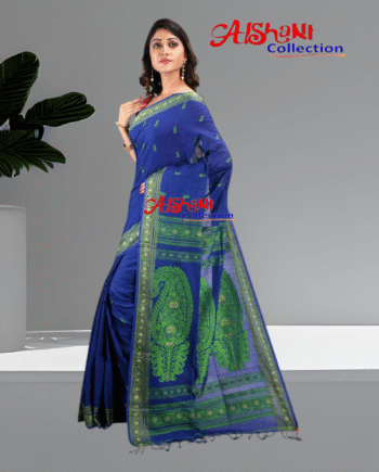 Woven Mercerised Cotton Baluchari Saree with Multicolor Thread Work & Blouse | Traditional Handloom Festive Saree (Blue, Green)