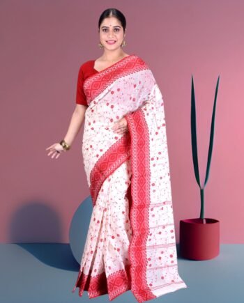 Aishani Collection Pure Cotton Tant Handloom Saree with Floral Embroidery & Contrast Border | Lightweight & Starch-Finish Traditional Wear (Red & White)
