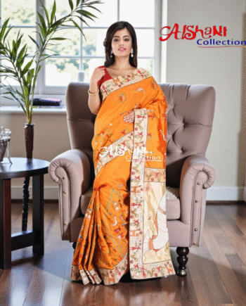 Premium Dupion Silk Machine Embroidery Kantha Stitch Saree with Blouse Piece – Traditional Elegant Festive Wear by Aishani Collection
