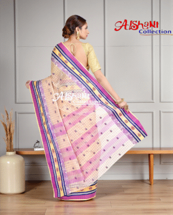 Checkered Pattern Woven Work Tant Handloom Cotton Saree with Paisley Border – Starch Added, Lightweight, Traditional Bengali Saree (Pink) (Copy)