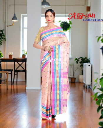 Checkered Pattern Woven Work Tant Handloom Cotton Saree with Paisley Border – Starch Added, Lightweight, Traditional Bengali Saree (Pink)