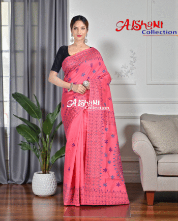 ✨ Assam Art Silk Hand Embroidery Kantha Stitch Saree With Blouse Piece – Lightweight, Durable & Festive Elegance ✨ (Peach)