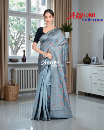 ✨ Assam Art Silk Hand Embroidery Kantha Stitch Saree With Blouse Piece – Lightweight, Durable & Festive Elegance ✨ (Grey)