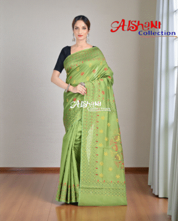 ✨ Assam Art Silk Hand Embroidery Kantha Stitch Saree With Blouse Piece – Lightweight, Durable & Festive Elegance ✨ (Green)