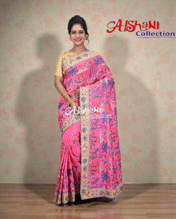 Premium Dupion Silk Machine Embroidery Kantha Stitch Saree with Blouse Piece – Traditional Elegant Festive Wear by Aishani Collection