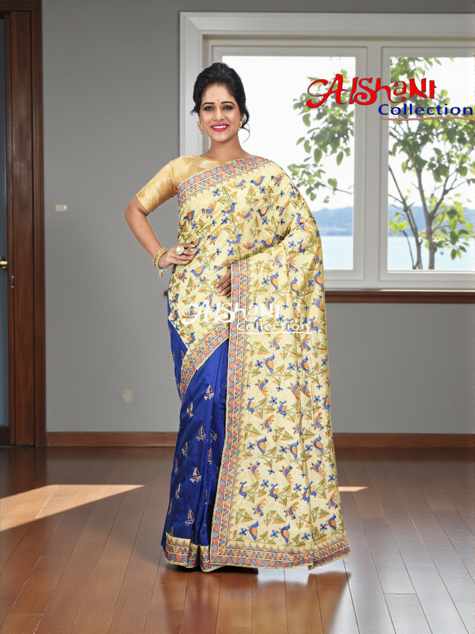 Premium Dupion Silk Machine Embroidery Kantha Stitch Saree with Blouse Piece – Traditional Elegant Festive Wear by Aishani Collection