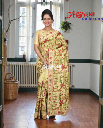 Premium Dupion Silk Machine Embroidery Kantha Stitch Saree with Blouse Piece – Traditional Elegant Festive Wear by Aishani Collection