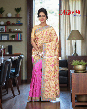 Premium Dupion Silk Machine Embroidery Kantha Stitch Saree with Blouse Piece – Traditional Elegant Festive Wear by Aishani Collection