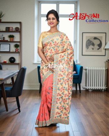 Premium Dupion Silk Machine Embroidery Kantha Stitch Saree with Blouse Piece – Traditional Elegant Festive Wear by Aishani Collection