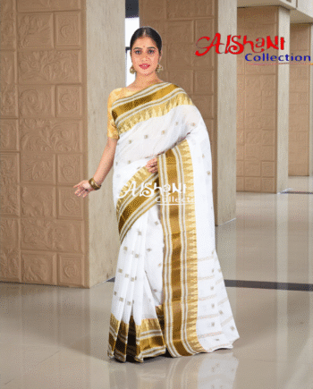 Pure Cotton Saree with Velvet-Look Contrast Border | Starch Added | Lightweight Traditional Bengali Saree | Without Blouse Piece