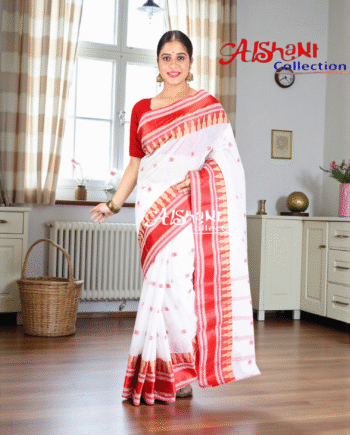 Pure Cotton Saree with Velvet-Look Contrast Border | Starch Added | Lightweight Traditional Bengali Saree | Without Blouse Piece (Red & White)