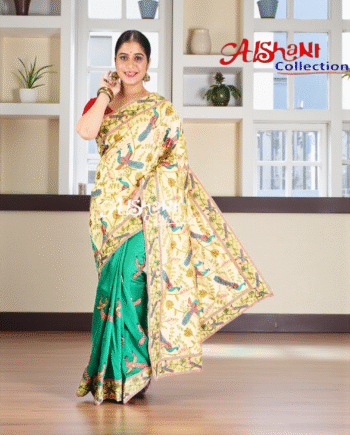 Premium Dupion Silk Machine Embroidery Kantha Stitch Saree with Blouse Piece – Traditional Elegant Festive Wear by Aishani Collection