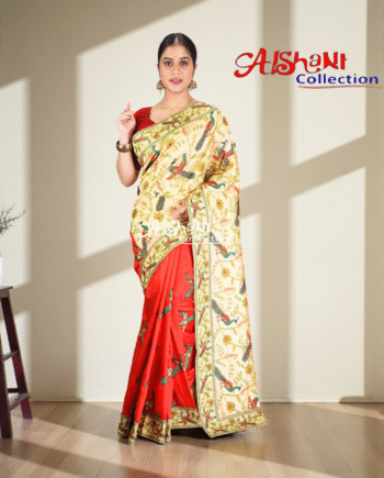 Premium Dupion Silk Machine Embroidery Kantha Stitch Saree with Blouse Piece – Traditional Elegant Festive Wear by Aishani Collection