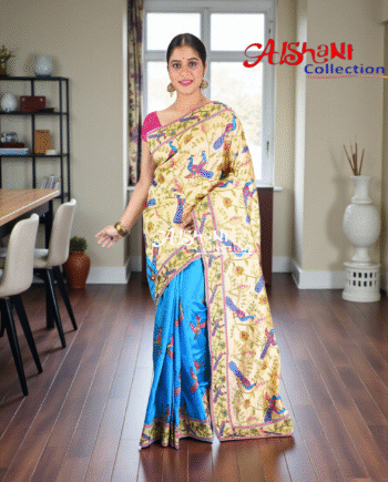Premium Dupion Silk Machine Embroidery Kantha Stitch Saree with Blouse Piece – Traditional Elegant Festive Wear by Aishani Collection